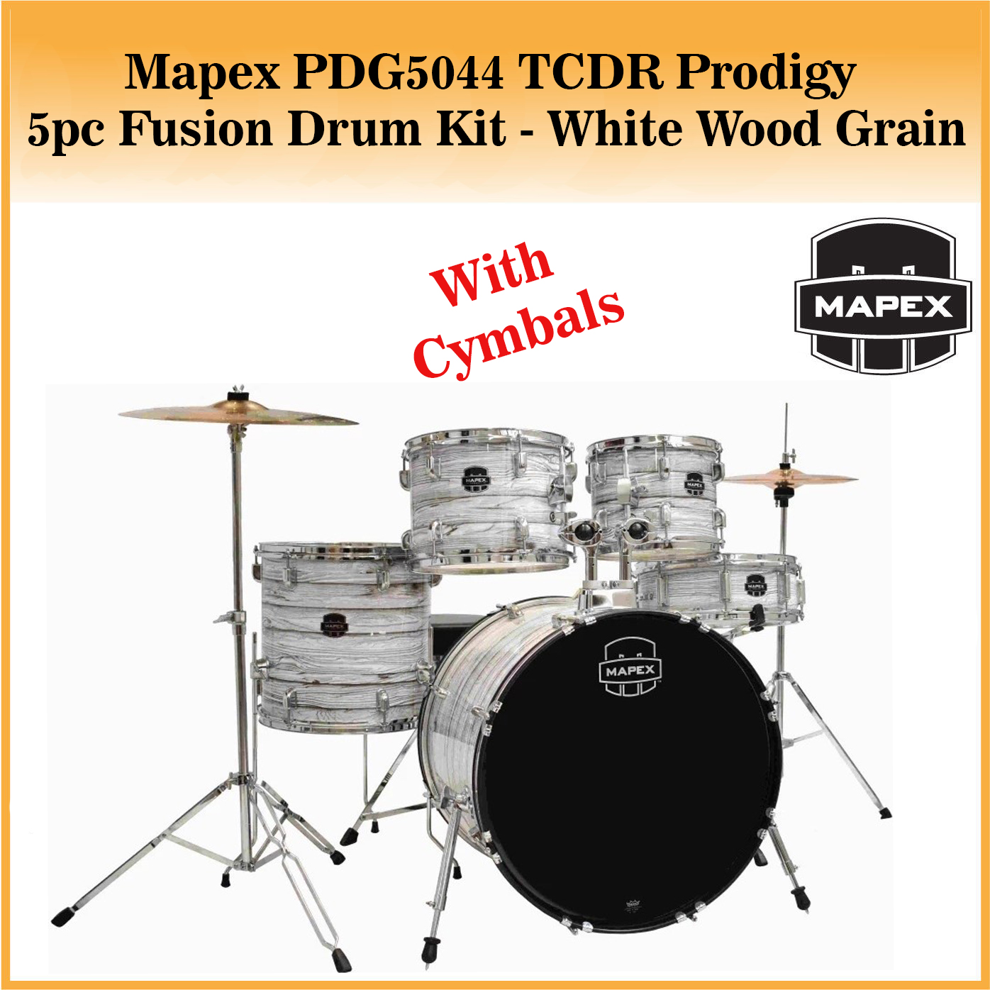 Mapex PDG5044 TCFI Prodigy 5 Pieces Fusion Drum Kit White Wood Grain Including Throne and Cymbals